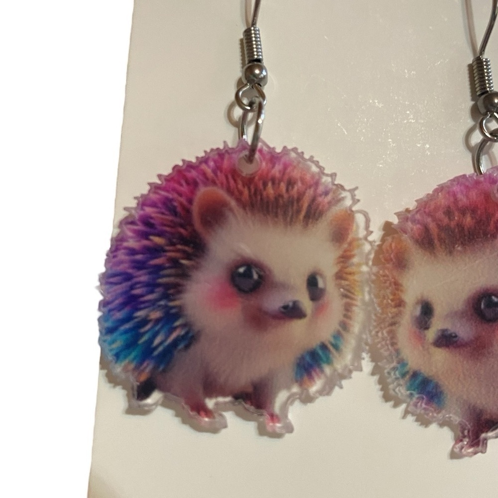 Colorful acrylic dangle hedgehog earrings - Picture 2 of 3